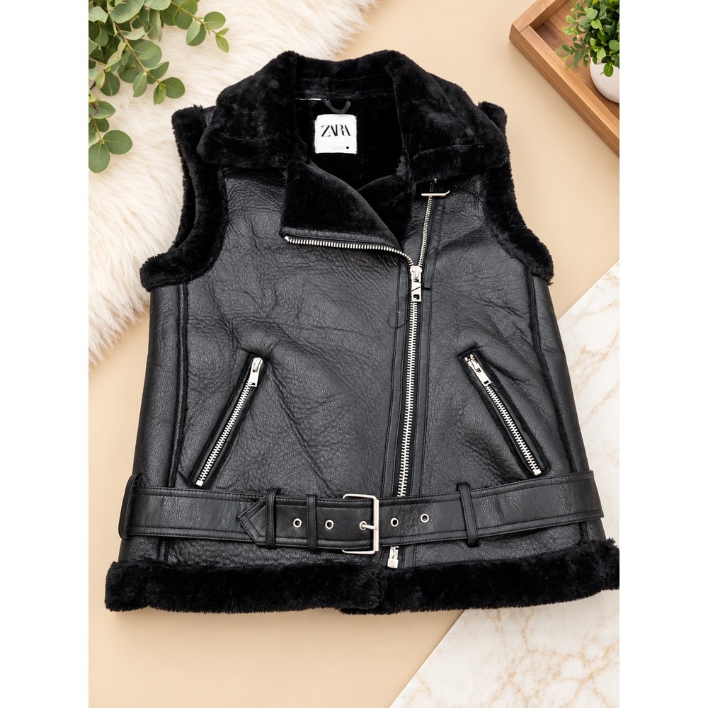 Zara Biker Moto Double Faced Jacket Faux Leather Shearling Lined Black Sz XS NEW